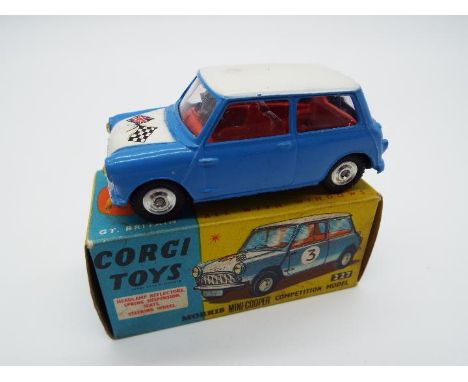 Corgi Toys - a die-cast Morris Mini-Cooper competition model, blue body, white roof, blue base # 227, appears ex to nm in vg 