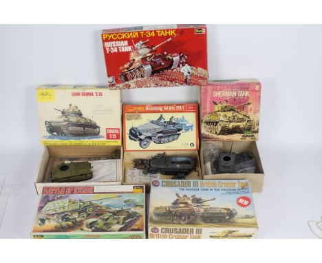 Aurora - Nitto - Heller - Fujimi - Airfix - 6 x boxed military model kits mostly in 1:35 scale including Crusader III # 08301