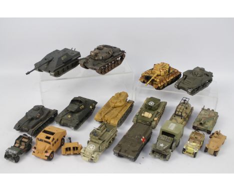 Corgi - Solido - Hongwell - A collection of 17 x unboxed Military vehicles including M48 A3 Patton Tank, Quad Gun Tractor and