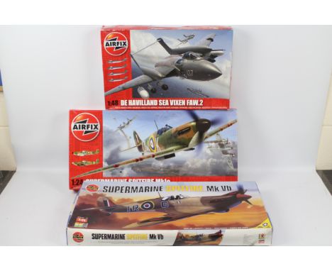 Airfix - 3 x boxed aircraft model kits, De Havilland Sea Vixen in 1:48 scale # A11002, Supermarine Spitfire MkVb in 1:24 scal