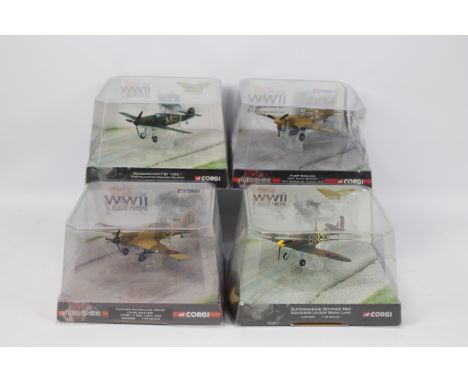 Corgi - WWII Legends - 4 x 1:72 scale aircraft including a Supermarine Spitfire # AA31905, Hawker Hurricane # AA32009, Messer