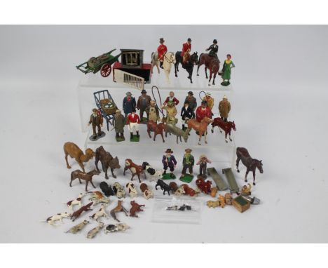 Britains - Charbens - F.G.T. - A collection of 40 plus metal figures and animals including Horses, Hunting Dogs and a Fox, Fa