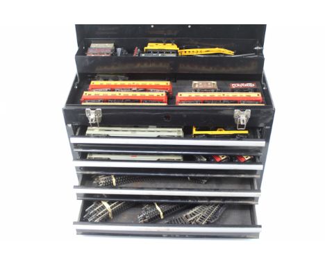 Hornby - Tri-ang - A Metal 4 drawer tool chest full of OO gauge track and rolling stock including 13 coaches, 16 wagons and s