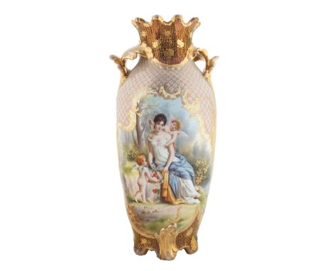 PAINTED BY WAGNER FINLEY  A LATE 19TH-EARLY 20TH CENTURY ROYAL-VIENNA STYLE VASE oviform with two gilt rocaille-moulded folia