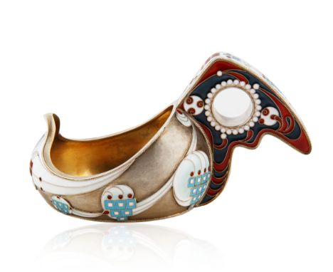 A 1908-1917 KHLEBNIKOV SILVER AND SHADED CLOISONNE ENAMEL KOVSH, MOSCOWwith raised back, pierced handle and curved prow, deco