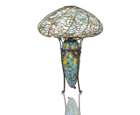 A MODERN TIFFANY STYLE MOSAIC 'DANDELION' TABLE LAMP the base with a mosaic of dandelions, with brass detailed feet, the shad