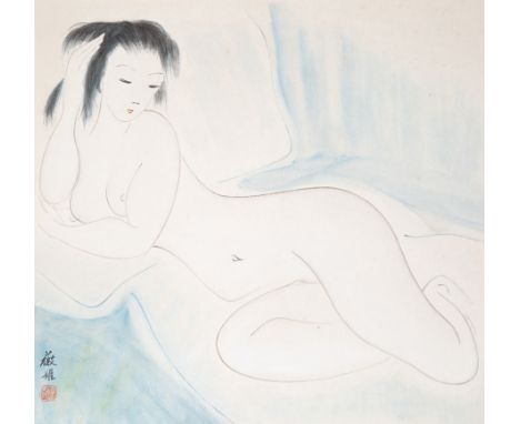 WEI JI (CHINESE 20TH CENTURY)Recumbent Nudeink and watercolor on paper 48 x 42 cm (18 7/8 x 16 1/2 in.)signed and marked with