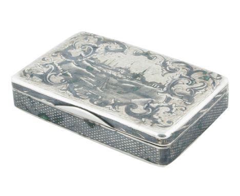 RUSSIAN SILVER AND NIELLO SNUFF BOX, CIRCA 1889rectangular form with rounded corners, featuring a riverside town with a singl