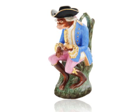 1811-1860S POPOV PORCELAIN FACTORY GORBUNOVO PORCELAIN MONKEY PITCHER formed as a monkey dressed in a coat with striped pants