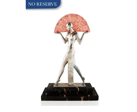 A 1930S RAYMOND GUERBE (FRENCH 1894-1995) 'ESPANA' ART DECO TABLE LAMPformed as a Spanish dancer, with a pink glass fan termi