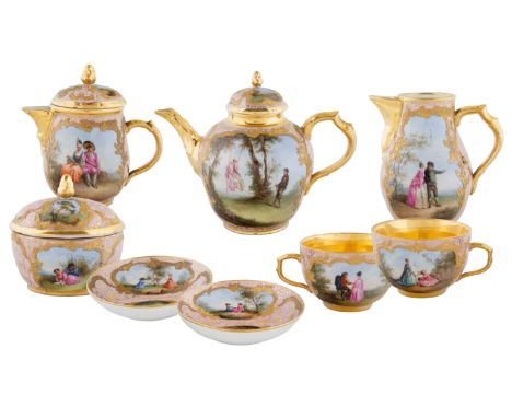 1832-1870 KPM EIGHT-PIECE PORCELAIN SERVICE SETeach featuring a courting scene in a gilt cartouche, with gilt foliate and flo