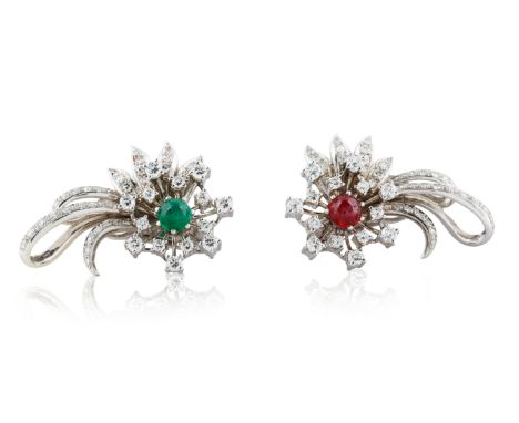 MID-20TH CENTURY PAIR OF TIFFANY &amp; CO. DIAMOND, RUBY AND EMERALD CLIP EARRINGSthe pair designed as florets, one with a ro