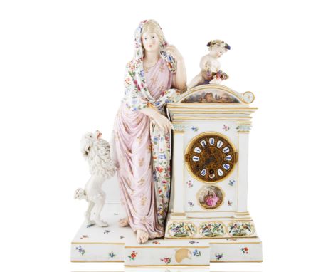 MID-19TH CENTURY MEISSEN PORCELAIN FIGURAL MANTEL CLOCKa pedimented Grecian style building with a resting putti holding a gra