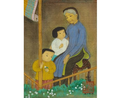 MAI TRUNG THU (VIETNAMESE-FRENCH 1906-1980)Grandmother with Two Children, 1954ink and gouache on silk laid on board 16 x 11.5