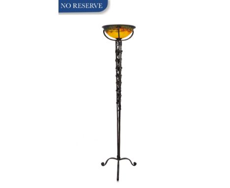 CIRCA 1900 MULLER FRERES LUNEVILLE CAMEO GLASS FLOOR LAMPthe lamp stand of wrought iron formed as an ivy vine with three scro
