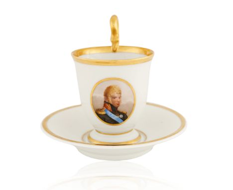 EARLY 19TH CENTURY KPM PORCELAIN CUP AND SAUCER, WITH PORTRAIT OF ALEXANDER Ithe tea cup with a centered portrait of Alexande