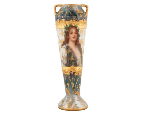 EARLY 20TH CENTURY DRESDEN PORCELAIN ART-NOUVEAU VASEthe base of elongated fluted form, with two small gilt handles, the rect