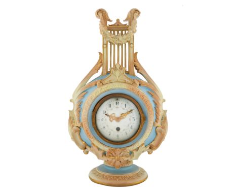 CIRCA 1891 ROYAL WORCESTER PORCELAIN LYRE MANTLE CLOCKformed as a lyre, the porcelain clock face, with Arabic numerals with a