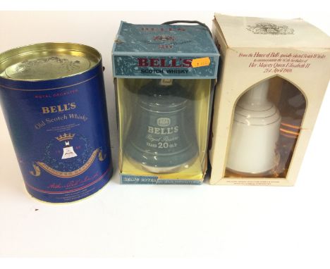 Three bottles of bells scotch whisky including a bottle to commemorate the 60th birthday of Queen Elizabeth II. Postage D