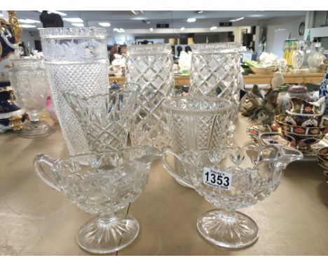 A collection of glass ware including cut glass vases, 5 glasses & 2 jugs.- NO RESERVE