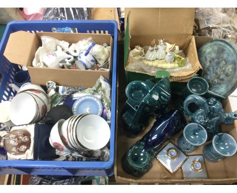 Two boxes of ceramics including a Beswick figural group, Wedgwood jasperware, glass paperweights, etc. Shipping category D.