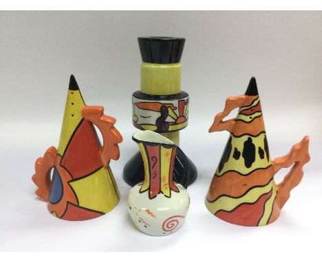Four items of Lorna Bailey ceramics comprising two sugar shakers, a candlestick and a 21st birthday presentation jug (4). Shi