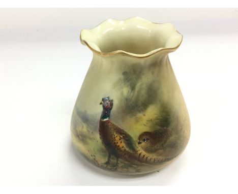 A small Royal Worcester vase with painted decoration of pheasants by Stinton, approx height 8cm. Shipping category D.