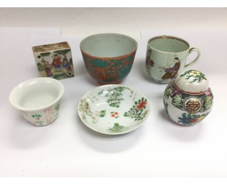 Six small Oriental ceramic items comprising tea bowls, dish etc. Shipping category D.