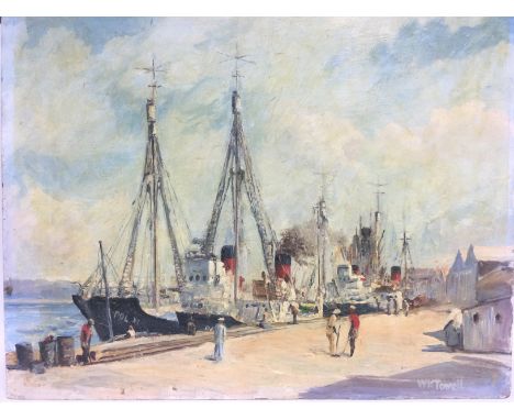 An unframed oil on board of 'Whalers in Durban harbour' by W K Towell, approx 51cm x 39.5cm. Shipping category B.