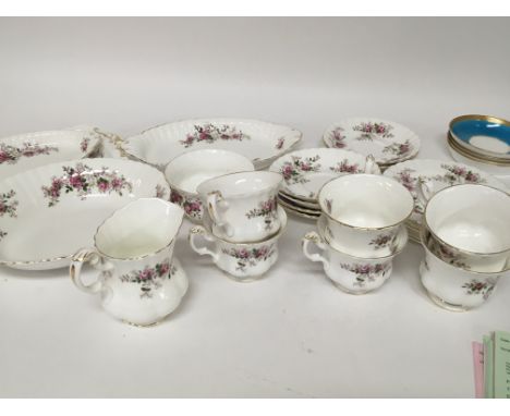 A Royal Albert English Porcelain tea set Lavender Rose pattern six place setting with extra serving dishes cups and saucers s