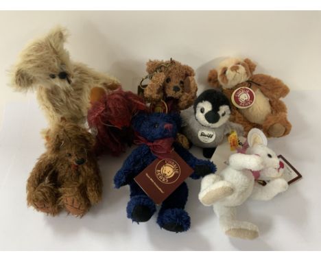 A mixed lot of Charlie Bears, Steiff Penguin and additional soft toys.