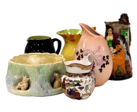 A group of ceramics, including a Burleigh ware reproduction of "Old Feeding Time" jug made by Samuel Allcock, a yellow glazed