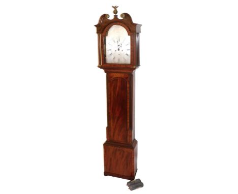 A Georgian mahogany long case clock by John Galbraith of Falkirk, silvered break arch dial with chapter ring bearing Arabic a