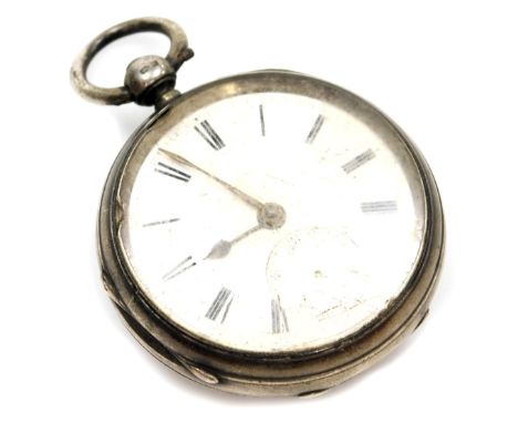 A Victorian silver pocket watch, white enamel Roman numeric dial, seconds hand, gold hands, the case with engine engraved dec