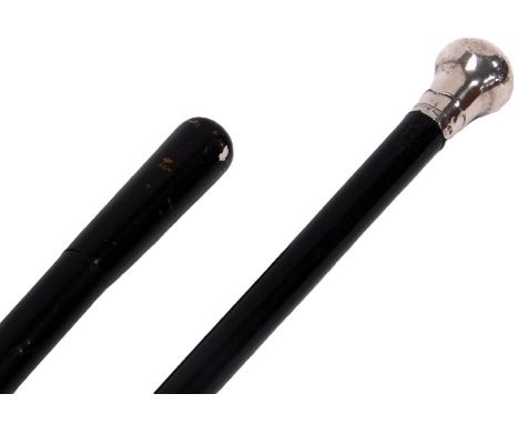 A George V ebony walking cane with a silver knop, London 1920, 88cm long, and a further stick with a screw top containing a b