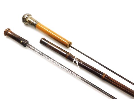 A late 19thC bamboo sword stick, with a brass button release, 81cm high, together with a George V sword stick, sheath lacking