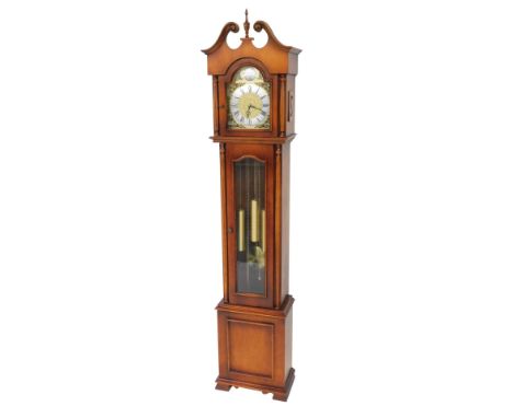 A 20thC mahogany longcase clock, brass break arch dial, with Tempus Fugit, and cherub spandrels, the silvered chapter ring be