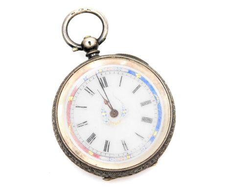 A Continental pocket watch, with engine engraved case, with flowers and vacant cartouche, white metal stamped 935, with a whi