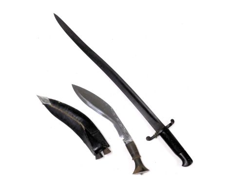 A 19thC 1860 pattern Enfield Yataghan sword bayonet, lacking scabbard, and a bone handled kukri knife, with scabbard. (2) 