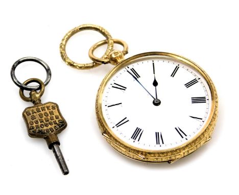 A late 19thC lady's 18ct gold cased pocket watch, open face, key wind, circular enamel dial bearing Roman numerals, movement 