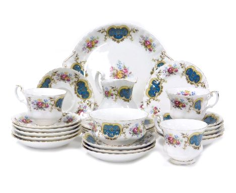 A Royal Albert porcelain Berkeley pattern part tea service, comprising cream jug, sugar bowl, bread plate, three cups, fourte