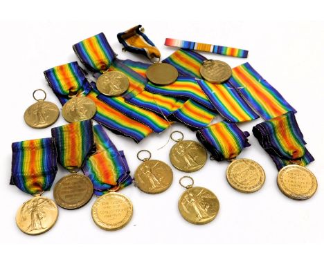 A collection of WWI Victory Medals, inscribed to various recipients and regiments, including South Notts Hussars, Suffolk Reg