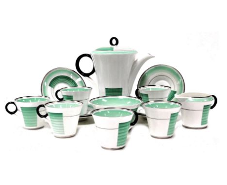 A Shelley Art Deco porcelain part coffee service, number W12207, printed and painted marks, comprising coffee pot, cream jug,
