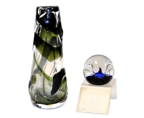 A Whitefriars knobbly glass vase, with green streaking, 24.5cm high, together with a Caithness Moonflower paperweight, with c