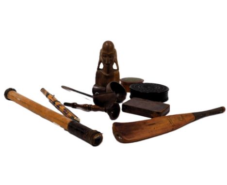 A group of collectibles, including a Nicol's model of a bat, treen scoop and toddy ladle, Japanese tortoiseshell bound knife,