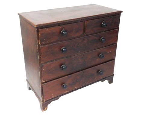 A Victorian scumbled pine and mahogany chest, of two short over three long drawers, raised on bracket feet, 103cm high, 109cm