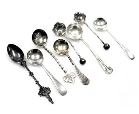 A group of silver caddy spoons, miniature souvenir spoon, etc., various dates, 1.18oz.