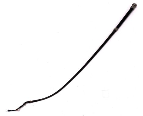 A 19thC horse whip, woven horse hair with woven leather handle and white metal pommel with horse racing scenes in relief, ini