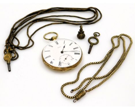 A Baume gentleman's 18ct gold cased pocket watch, open face, key wind, circular enamel dial bearing Roman numerals, subsidiar