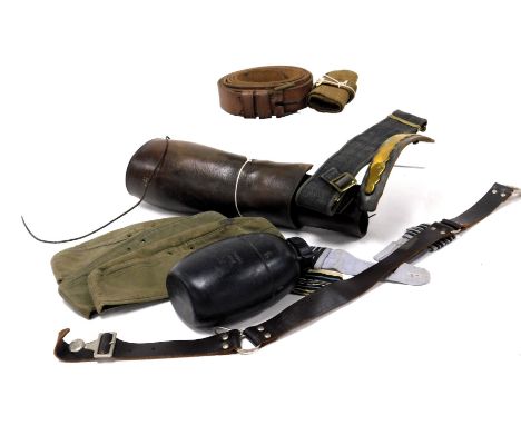 Three German Army post war forage side caps, plastic water flasks circa 1987, canvas webbing belt, leather gaiters, etc. (1 t